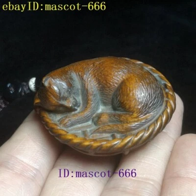 Hermosa estatua de gato dormido tallada a mano de boj japonés Netsuke regalo coleccionable Foto 1 de 4