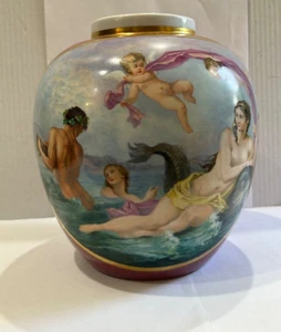 ANTIQUE PORCELAIN VASE SEA CREATURES CHERUBS NAUTICAL SCENE 9” VASE - Picture 1 of 10