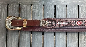 Unisex Brown Leather Beaded Aztec Statement Belt Western Buckle - Picture 1 of 3