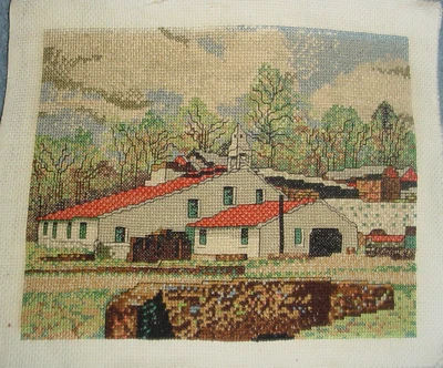 Vintage Hand Stitched Needlepoint Tapestry Red Roof Mission Southwest Scene - Image 1 of 4