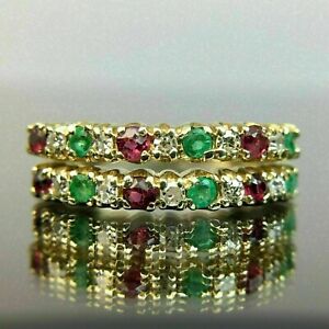 2Ct Round Simulated Diamond Emerald Ruby Wedding Rings 14K Yellow Gold Plated