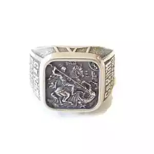 Men Saint George Sterling Silver Ring Catholic Orthodox Signet Dragon Protector - Picture 1 of 5