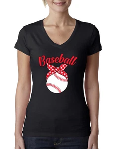 Cute Baseball Mom Ribbon Gift Women Junior V-Neck Tee - Picture 1 of 10