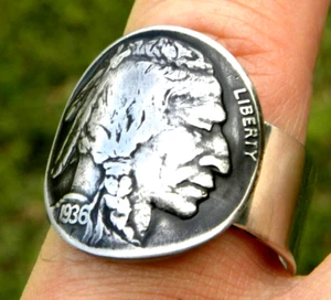 1936 authentic Buffalo Indian Nickel coin signet ring  sterling silver 9 size - Picture 1 of 8