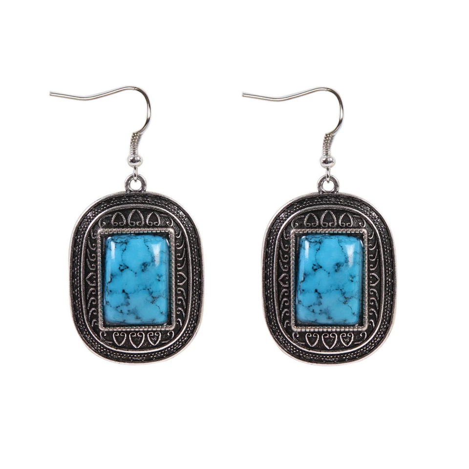 Bonitos Nuevos Pendientes Colgantes Artesianos Rectángulos Grandes Turquesa Plata Tibetana Foto 1 de 1