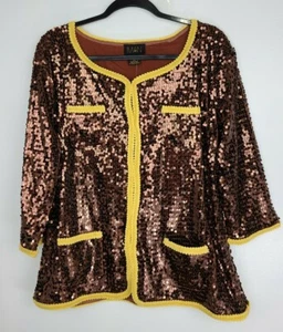 Iman Women’s Brown Sequined Yellow Trim Jacket Size 1X 3/4 Sleeve Elegant NEW - Picture 1 of 4