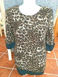 Women's Alberto Makali Black/Beige Leopard Prnt Thread 3/4 Sleeve Tunic Top Sz L - Picture 1 of 12
