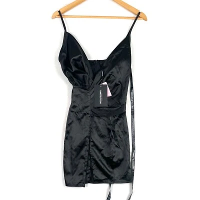 Pretty Little Thing Strappy Satin Pleated Wrap Dress Sleeveless Black Size 6 New - image 1 of 4