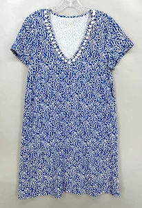 Lilly Pulitzer Etta Dress Large Pom Pom VNeck Pima Blue Geometric Short Sleeve - Picture 1 of 12