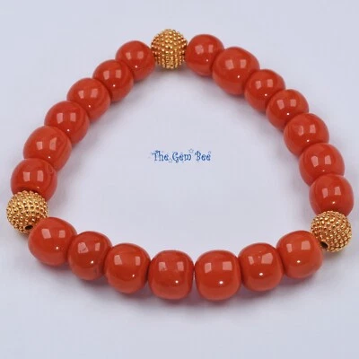 8.5-9.3 毫米 18K 金色未染色撒丁岛桶红色珊瑚珠 6.8 英寸弹力手链 — 第 1/4 张图片