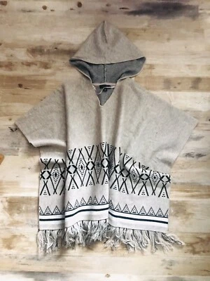 South Western Aztec Poncho Hooded Knit Pullover Fringe Brown Black Sz L 10 / 12 - Image 1 of 4