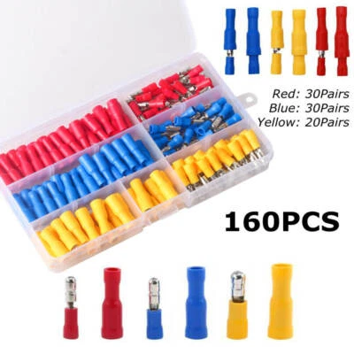 160PCS Male Female Bullet Quick Splice PVC Crimp Terminals Connectors 10-22AWG - Image 1 of 4