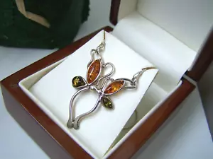 GORGEOUS MODERNIST 925 SOLID STERLING SILVER TWO TONE AMBER PENDANT 16" NECKLACE - Picture 1 of 6