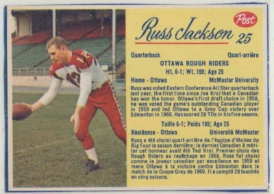 1963 CFL Russ Jackson Post #25 ~ Ottawa Rough Riders HOF - Image 1 of 2