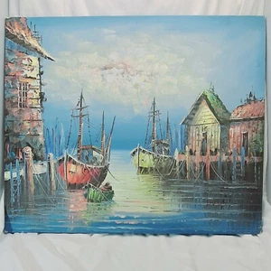 Fishing Boats Harbor Oil Painting by American Folk Artist Florence Wilkins Furst - Picture 1 of 9