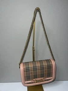 BURBERRY RUNWAY GOLD CHAIN LINK CHECK SHOULDER BAG WOMENS PINK LEATHER PURSE - Picture 1 of 10