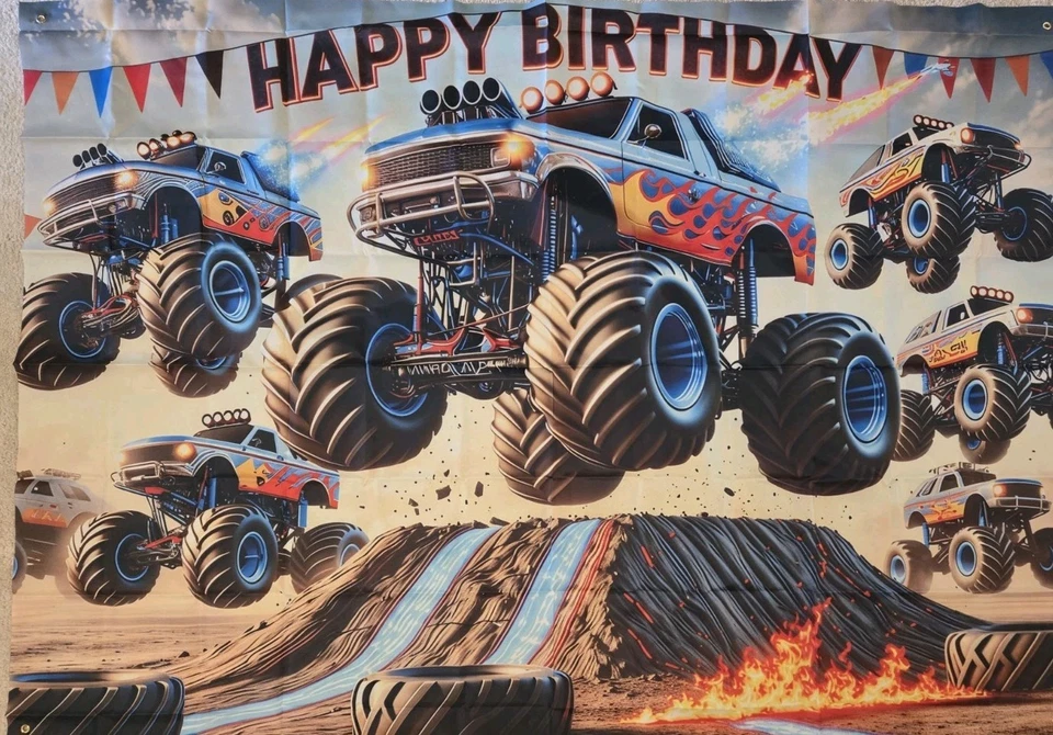Suministros de fiesta Monster Truck, pancarta de cumpleaños para automóvil 7Wx5H ft telón de fondo grande nuevo Foto 1 de 3