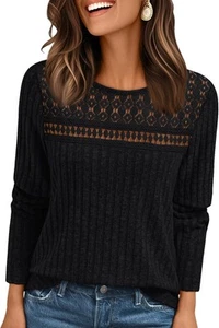 Womens Fall Long Sleeve Lace Top Lightweight Loose Fit Casual Tunic Shirt - Picture 1 of 17