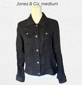 Jones & Co New York Jacket 100% Linen Black Sz Medium Button Up European Flax - Picture 1 of 4