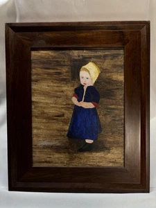 Vtg Hand Painted On Canvas Painting Portrait Folk Art Young Girl Child Signed - Picture 1 of 14