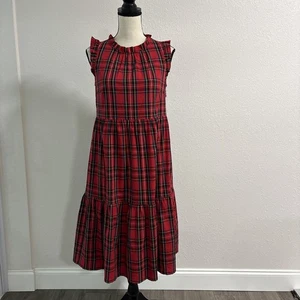 J.CREW ärmellos rot Schottenkaro Kleid Rüschen Urlaub Schule Midi Gr. 6P - Bild 1 von 12