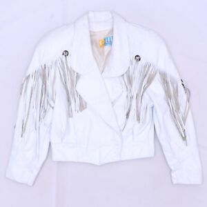 C2365 VTG G-III Women's White Fringed Leather Western Cowgirl Jacket Made in USA