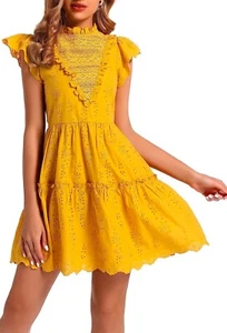 Women's Summer Baby Doll Dress Size M Eyelet Ruffle Sleeve Crew Neck Yellow NEW - Picture 1 of 9