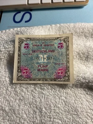 1944 WWII Germany Allied Occupation Military Currency 5 Mark Banknote Fine - Image 1 of 2
