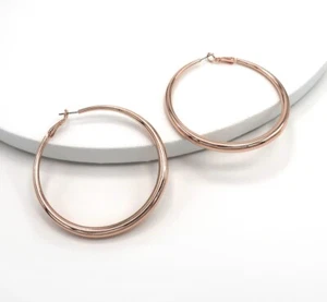 High Quality 65mm Hollow Hoop Earrings lever back post 18k Pink Rose Gold Plated - Picture 1 of 6