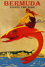 Bermuda Enjoy The Ride Beach Girl Riding Big Fish Vintage Poster Repro FREE S/H