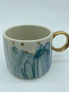 Anthropologie Night Sky Teal Blue Watercolor Coffee Mug Gold Handle Tea Cup