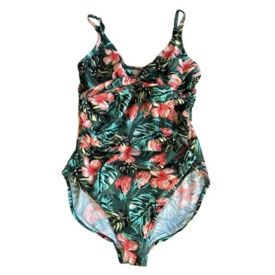Traje de baño Merona para mujer talla XL verde tropical floral acolchado acanalado de una pieza Foto 1 de 4
