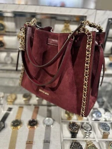 Michael Kors Mina Large Shoulder Suede Leather Bag Handbag Purse Tote Oxblood MK - Picture 1 of 15