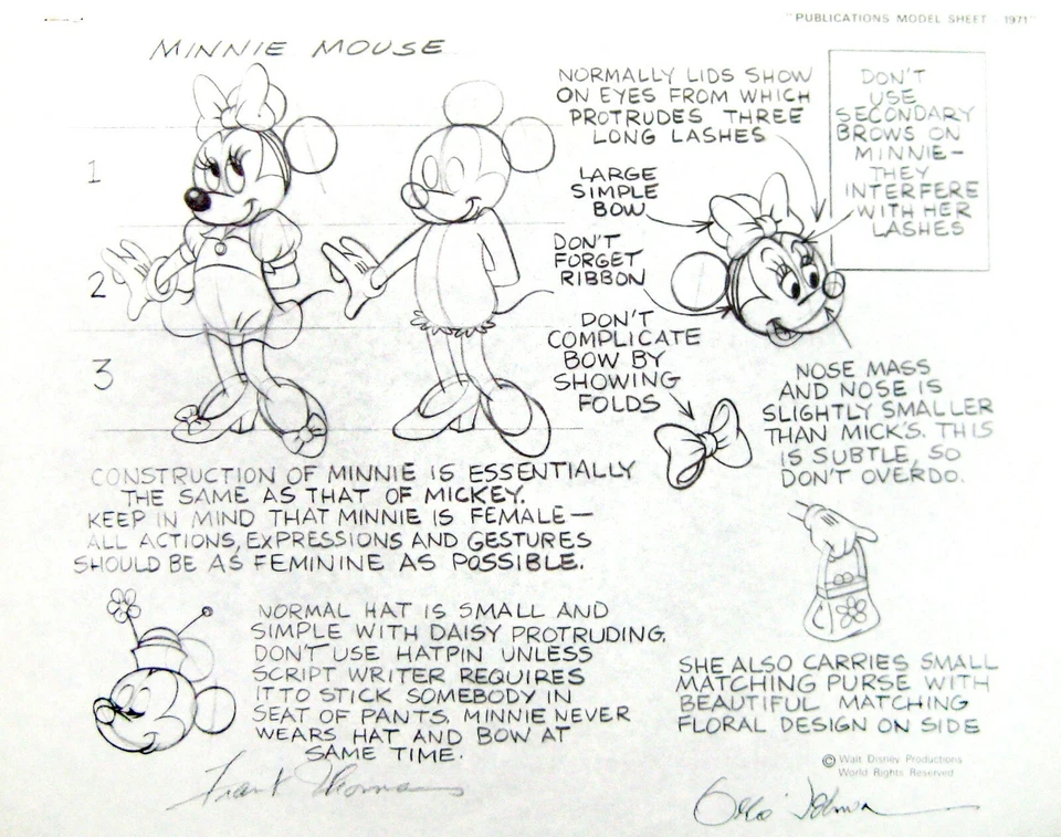 Hoja Modelo Publicaciones Disney 1971 Minnie Mouse UF 2x Firmadas FT/OJ Prod Notes Foto 1 de 1