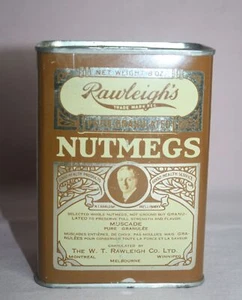 VTG. RAWLEIGH'S PURE NUTMEG SPICE TIN /CAN W. T. RAWLEIGH CO.  LID. CAN. BROWN - Imagen 1 de 8