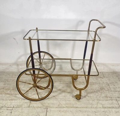 ANTICO CARRELLO BAR DESIGN PORTAVIVANDE ANNI 50 LEGNO OTTONE CARRELLINO VASSOIO - Immagine 1 di 4