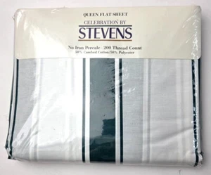 Vtg Queen Flat Sheet Stevens Percale 200 Thread Count Hunter Stripe USA New - Picture 1 of 10