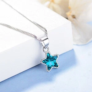 925 Sterling Silver Blue CZ Star Crystal Pendant Necklace Women Girls Gift UK - Picture 1 of 8