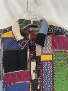 LucMatton Shirt Mens Medium Multicolor Patchwork Button Up Linen Blend Boho - Picture 1 of 11