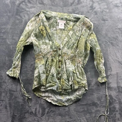 LaRok Shirt Women Small Green 1/4 Sleeve Floral Blouse Pullover - Image 1 of 4