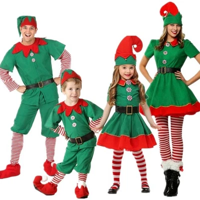 Adult Kids Christmas Party Elf Cosplay Costume Xmas Santa Outfits Fancy Dress AU - image 1 of 4