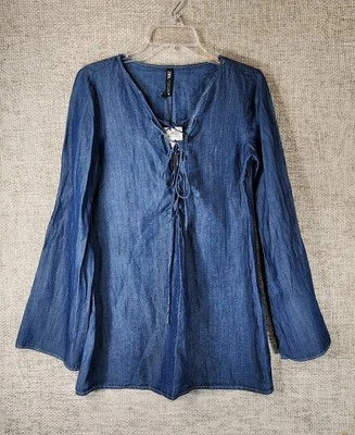 Zara Denim Look Tunic Shirt Dress Womens XS Blue Tie Front Bell Sleeve BOHO NWI - Image 1 of 4
