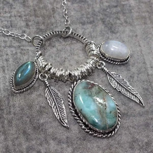 Fashion-Forwarded Larimar Fiery Labradorite Gemstone Necklace 19" GW - Picture 1 of 3