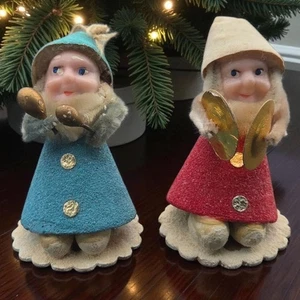 Pr Vintage Natale Putz Figurine Elfi Gnomi Fascia 3" Feltro di Ciniglia Retrò MCM - Foto 1 di 12