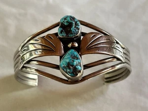 Traditioneller unsignierter Sterlingsilber 2 Steine Türkis Armreif Armband 31 g - Bild 1 von 12