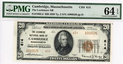 1929 type 2 Cambridge, MA $20 note Lechmere NB CH#614 PMG 64 EPQ - Image 1 of 2