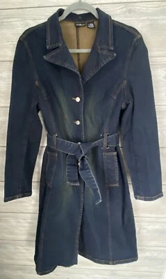 Vintage Y2K Long Blue Belted Denim Jean Cotton Trench Coat - SIZE 10 - Image 1 of 4