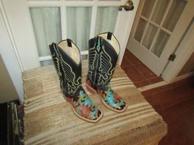 Botas de cowgirl ocidentais México preto e floral biqueira quadrada qualidade feminina tamanho 5.5 - Imagem 1 de 4