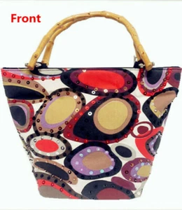 Hermoso bolso de mano multicolor con diseño circular y lentejuelas para mujer con mango de bambú - Imagen 1 de 6