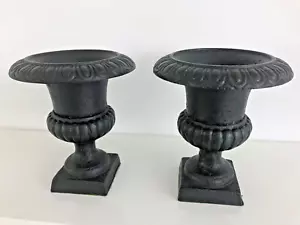 More details for victorian style pair of vintage cast iron urns with felt covered base 18cm tall